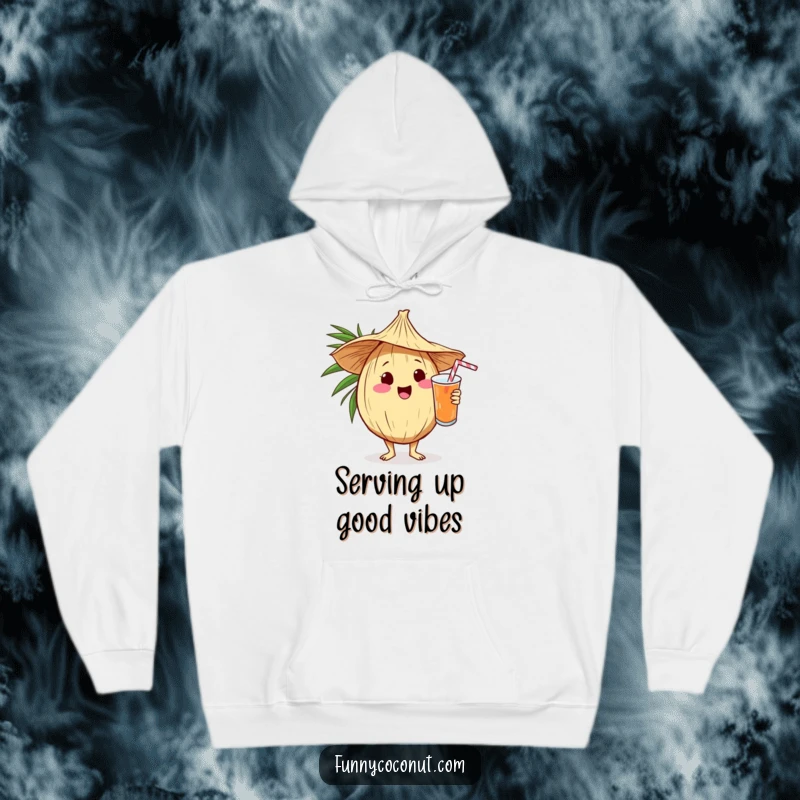 Funny kawaii coconut wearing a straw hat, holding a drink, ready to serve, featured on a comfortable hoodie.