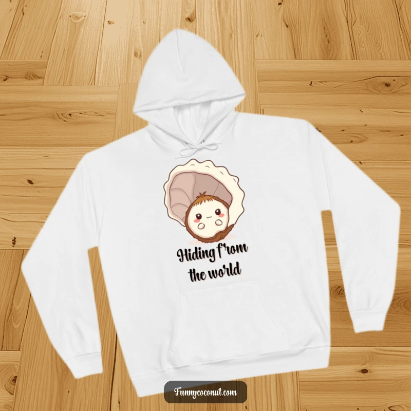 Funny shy kawaii coconut peeking out from behind a large seashell, designed for a warm and cozy hoodie.