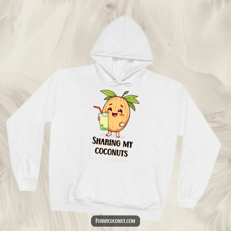 Funny hoodie showing a happy coconut character offering a cool drink, perfect for cozy, cheerful moments.