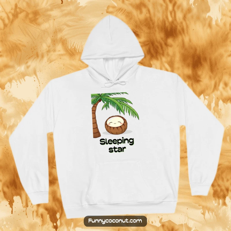 Funny hoodie showcasing a sleeping coconut with a content smile, peacefully napping beneath a swaying palm tree.