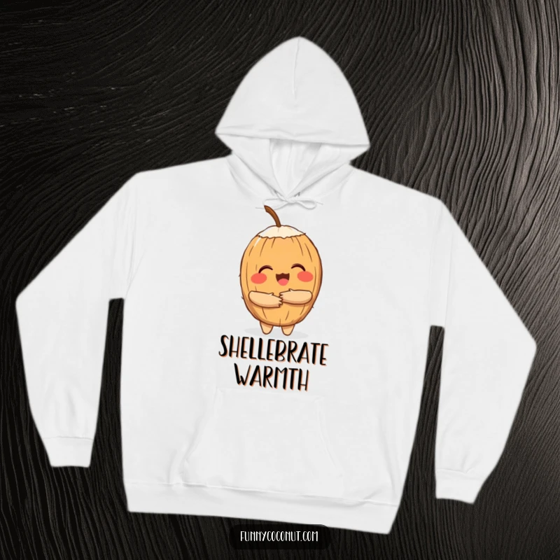 Funny hoodie featuring a cheerful coconut character giving a cozy, warm hug, perfect for lounging.