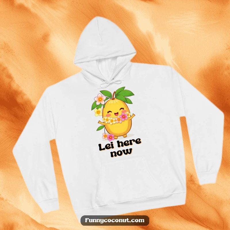 Funny hoodie with a delighted coconut character offering a flower lei, providing warmth and humor, a great funny gift.