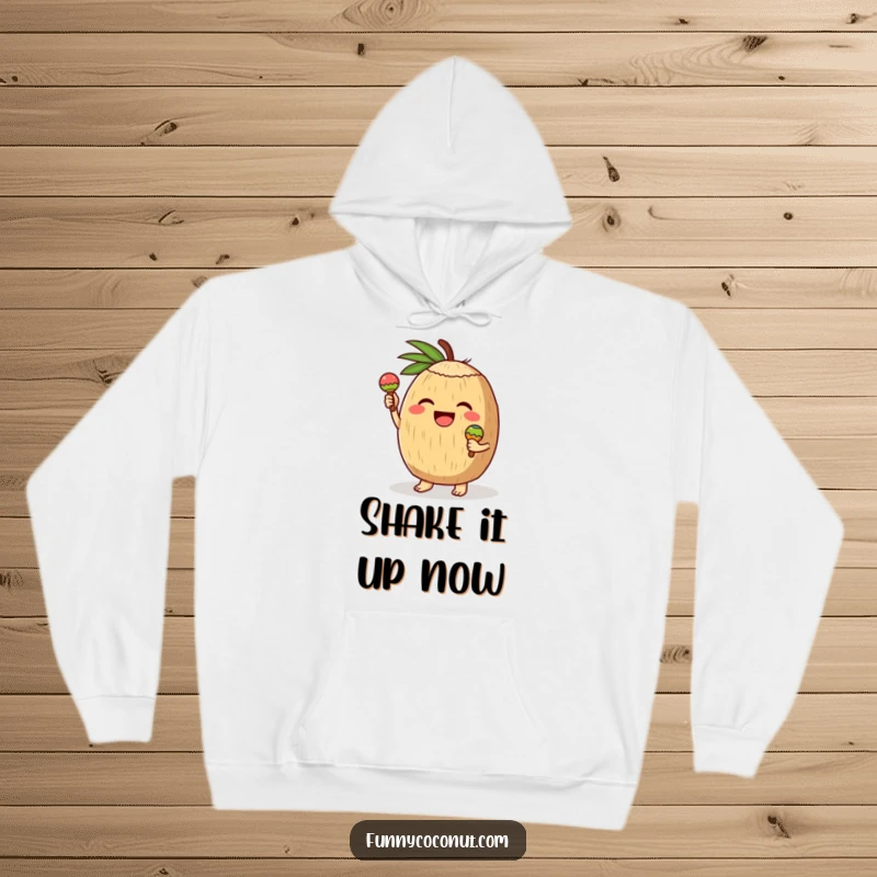 Funny hoodie design featuring a delighted coconut character energetically playing tiny maracas, exuding happiness and a love for rhythmic celebration.