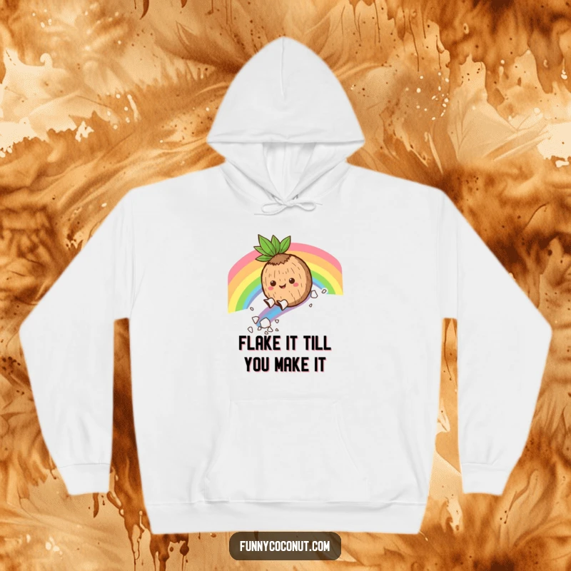 Funny Hoodie: A happy coconut character surfs a rainbow downhill, dropping tasty coconut flakes, bringing warmth and humor to your day.