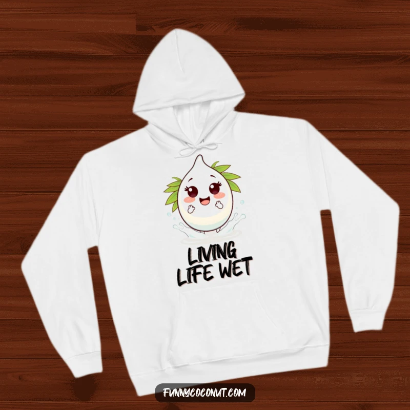 Funny coconut water droplet character hoodie, performing playful tiny splashes, cozy and stylish for any season.