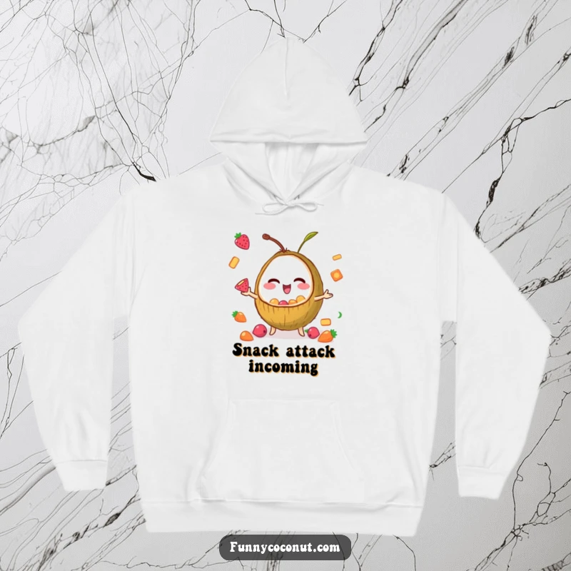 Funny hoodie illustrating a winking coconut masterfully juggling an assortment of small fruit snacks with a cheerful expression.