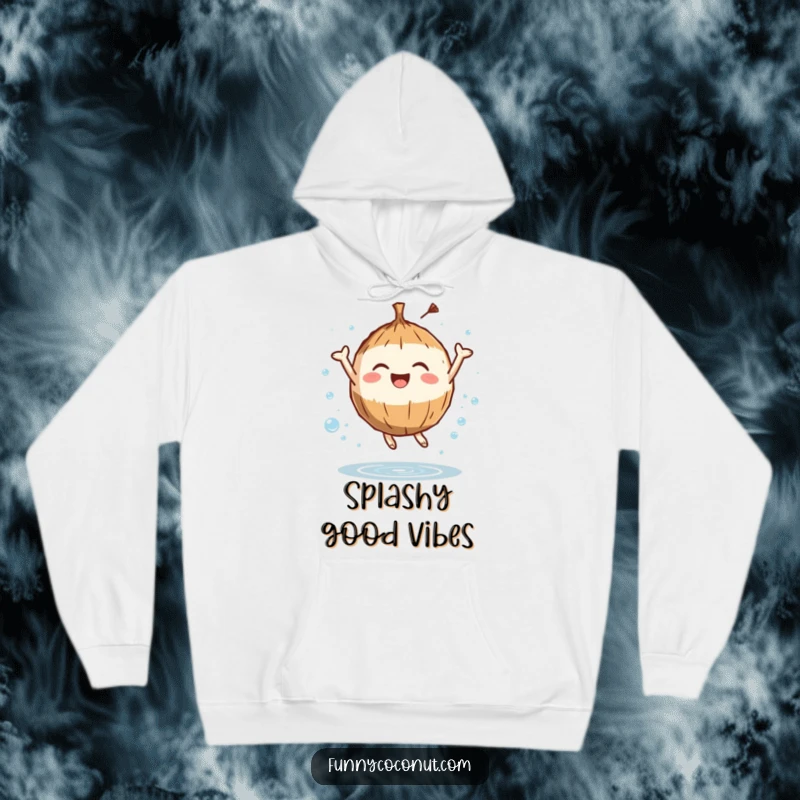 Funny hoodie depicting a coconut character leaping with unbridled joy, surrounded by refreshing water droplets, radiating happiness.
