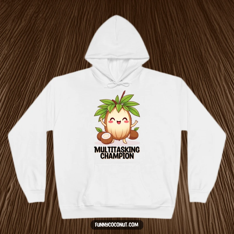 Funny cheerful coconut wearing a leafy crown, juggling three smaller coconuts, a cozy and humorous hoodie.