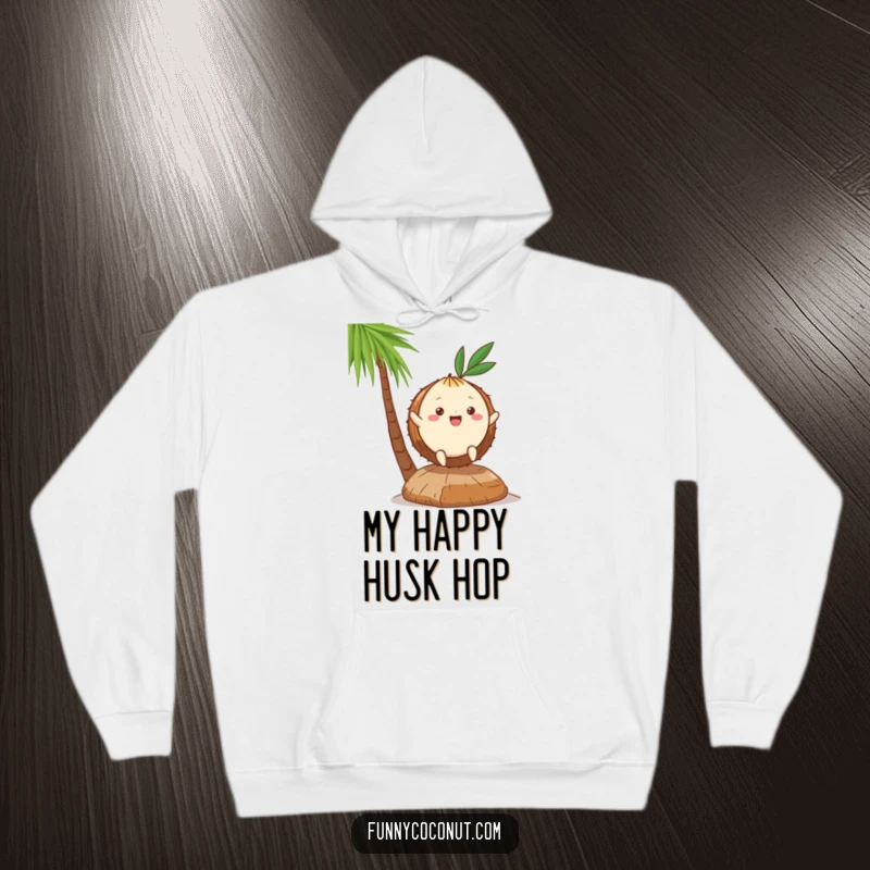 Funny Kawaii Coconut Hoodie: a sweet character taking a delightful hop on a husk, embodying playful energy and tropical charm.