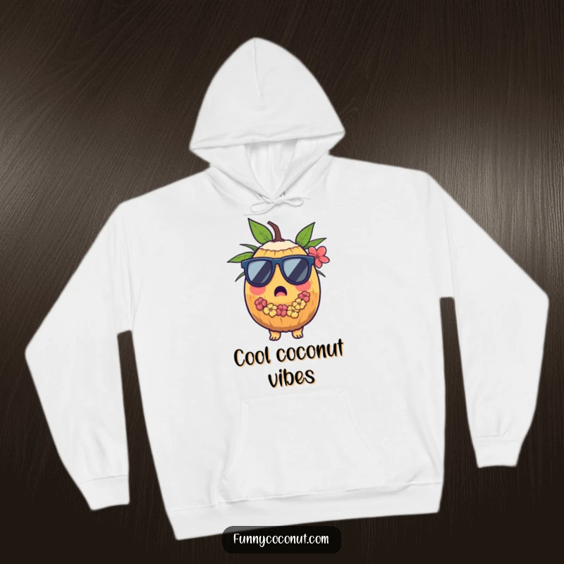 Funny hoodie showcasing a surprised coconut character wearing cool sunglasses and a colorful lei, perfect for relaxing.