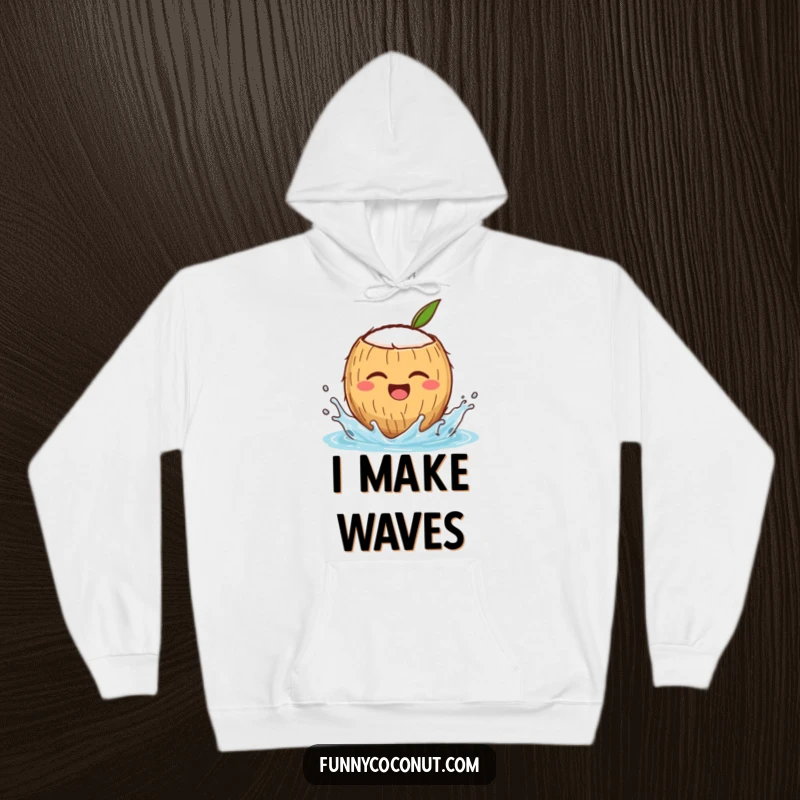Funny hoodie with a winking coconut character splashing water, offering warmth and humor, a great funny gift.