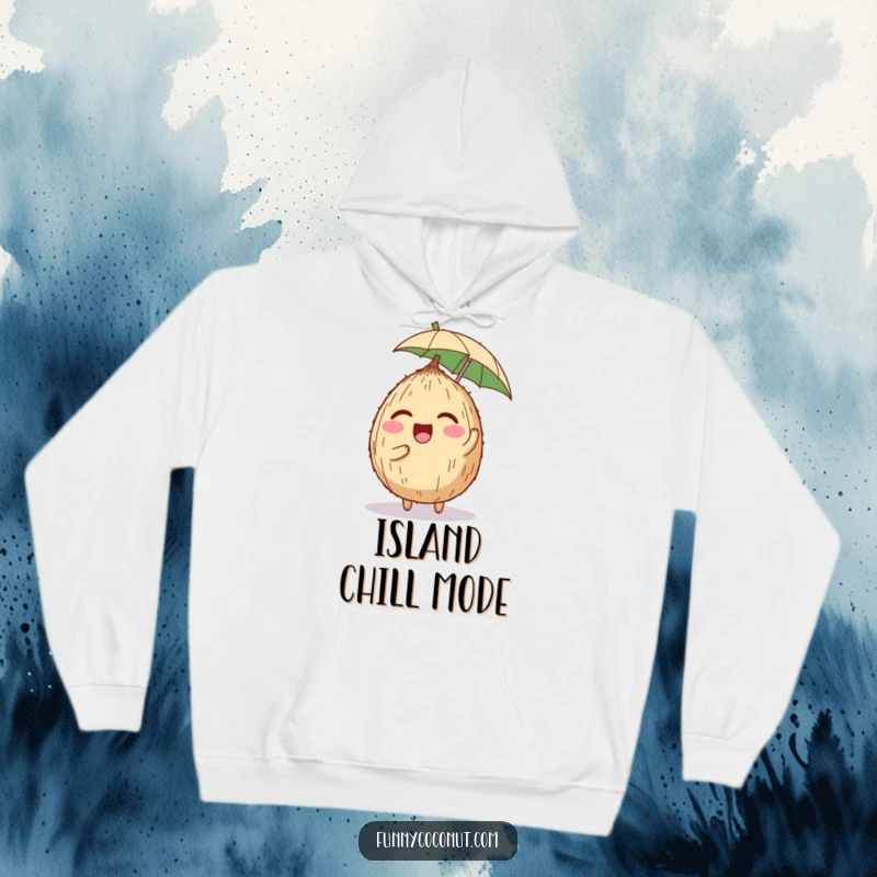 Funny hoodie print of a laughing coconut character balancing a small umbrella on its head, exuding warmth and playful, tropical vibes.