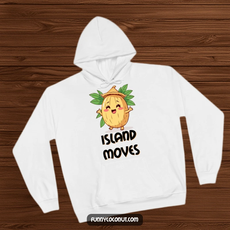 Funny Coconut Jig Hoodie: A warm hoodie with a comical coconut character doing a jig, wearing a straw hat.
