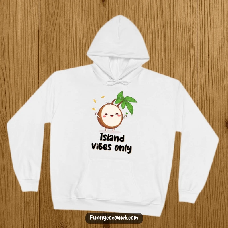 Funny Hoodie: A smiling coconut character energetically juggling small palm leaves, perfect for cozy, humorous, tropical-themed relaxation.