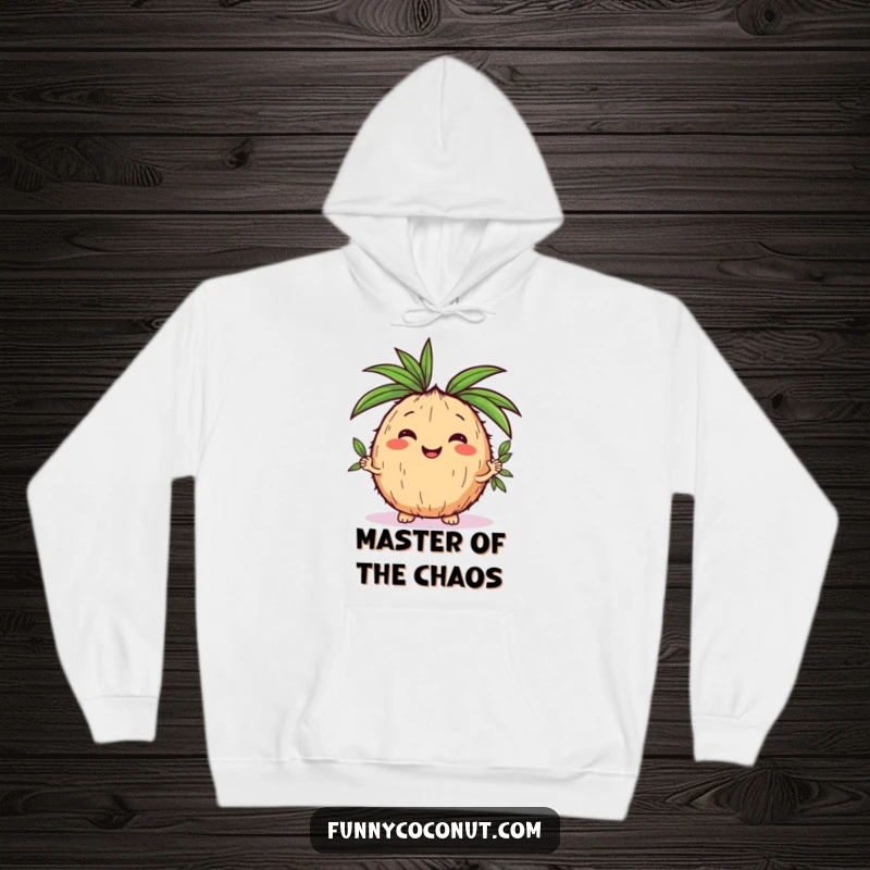 Funny, cozy kawaii coconut juggling green palm leaves, exuding happiness, perfect for a warm and humorous hoodie.
