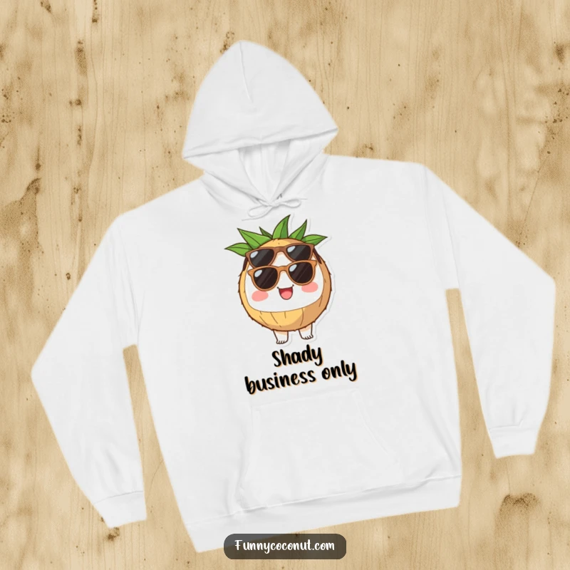 Funny coconut half hoodie wearing sunglasses, exuding vibrant cheerfulness and a relaxed, summery vibe, perfect for cool weather.