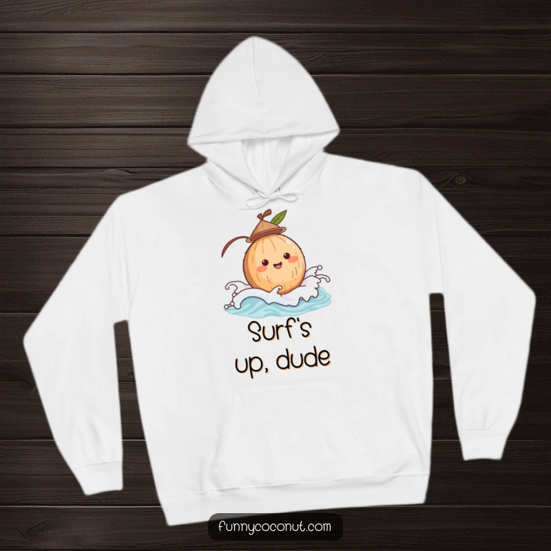 Funny coconut with a tiny hat, happily bobbing on a gentle wave, a warm and humorous hoodie for ocean lovers.