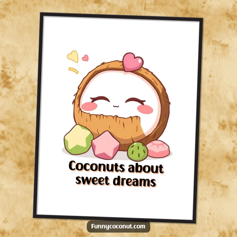 Funny Free Printable Wall Art: A coconut with closed eyes, lost in dreams of delicious tasty treats. Humorous decor.