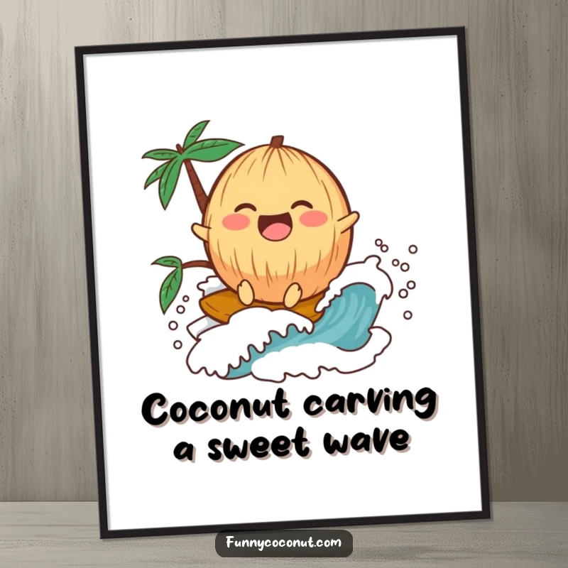 Funny Free Printable Wall Art: Kawaii Coconut Laughing While Riding a Miniature Wave, Tropical Fun, Surfing Art