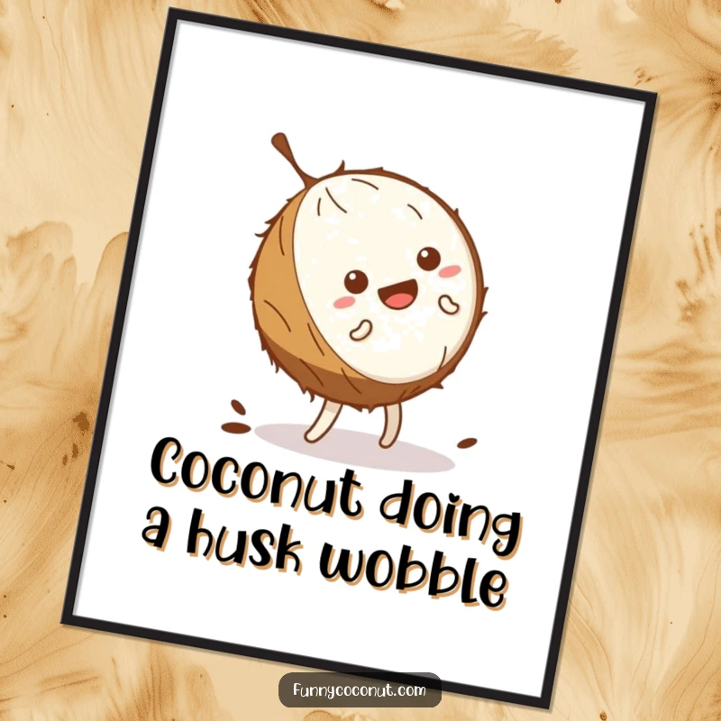 Funny Free Printable Wall Art: Kawaii Coconut Mid-Cartwheel, Husk Wobbling Comically, Energetic and Hilarious Art