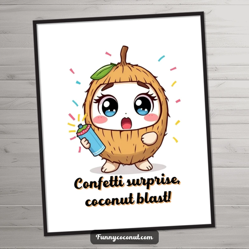 Funny Free Printable Wall Art: Astonished Kawaii Coconut Holding Confetti Popper, Wide Eyes, Festive Surprise, Whimsical Art
