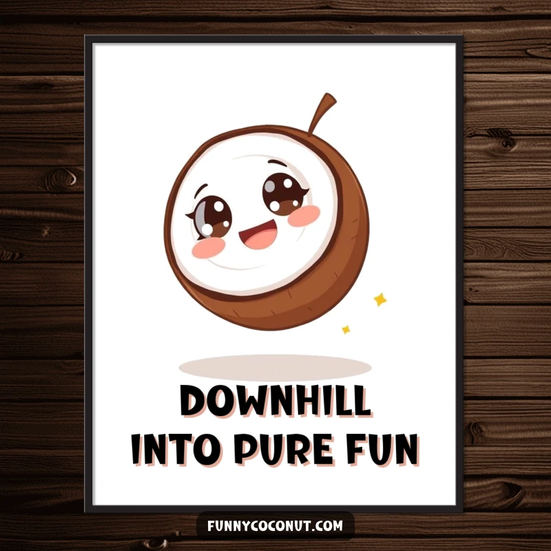 Funny Free Printable Wall Art: A coconut with wide eyes giggling as it rolls downhill, bringing chaotic fun to any room.