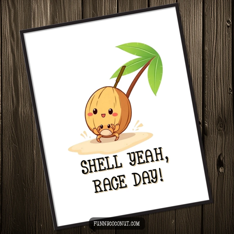 Funny Free Printable Wall Art: A coconut racing a tiny crab on the sand, capturing a moment of playful competition.