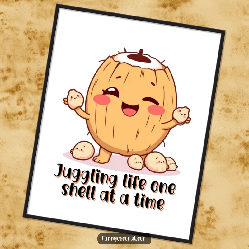Funny Free Printable Wall Art: A coconut character winks playfully while juggling a trio of smiling seashells, a coastal delight.