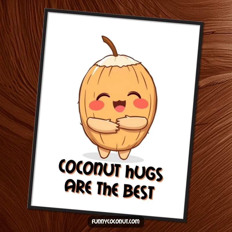 Funny Free Printable Wall Art of a cheerful coconut character giving a warm hug, a welcoming downloadable piece.