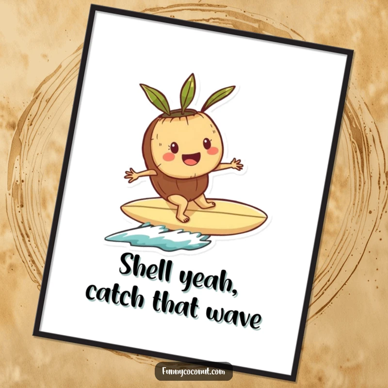 Funny Free Printable Wall Art: Playful coconut character joyfully rides a seashell surfboard across a stylized ocean wave.