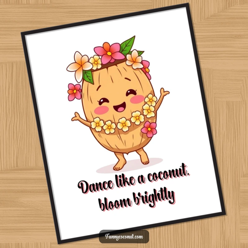 Funny Free Printable Wall Art: A smiling coconut character wearing a flower lei is doing a silly, energetic dance.