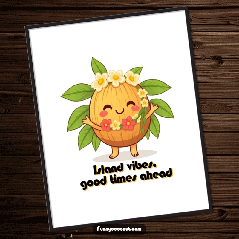Free printable wall art: a cheerful coconut wearing a lei dances the hula, bringing tropical fun.