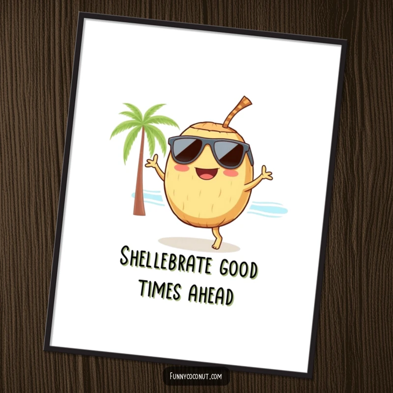 Funny Free Printable Wall Art: A smiling coconut in sunglasses dances on a beach, radiating pure joy and humor.
