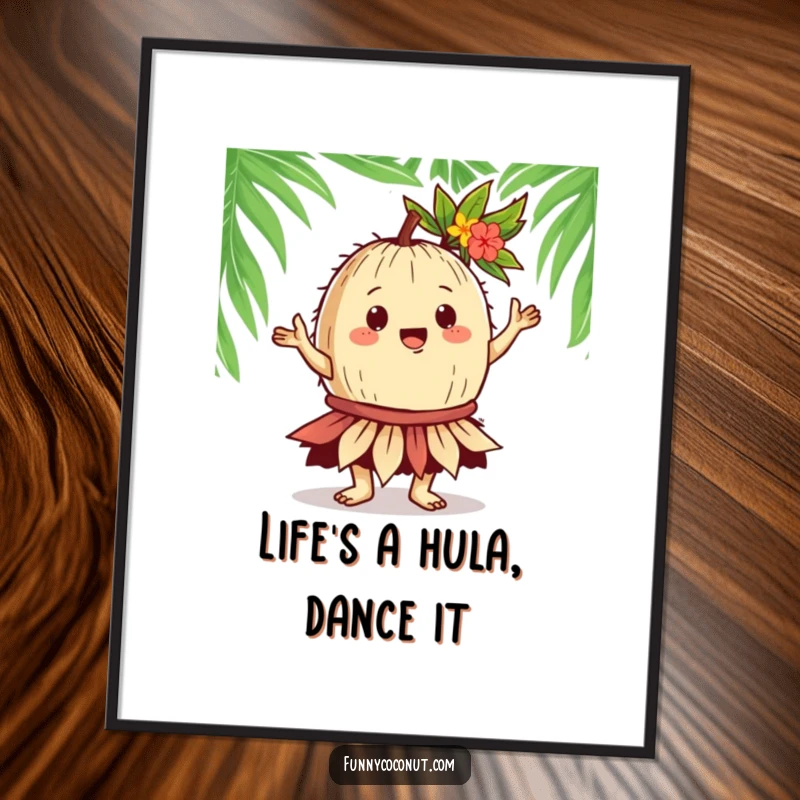 Funny free printable wall art of a gregarious coconut performing a spirited hula dance in a leafy skirt.