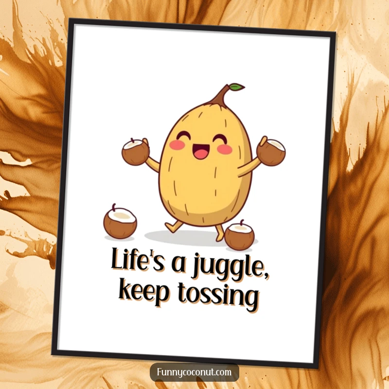 Funny free printable wall art of a jubilant coconut in the process of hilariously juggling smaller coconuts.