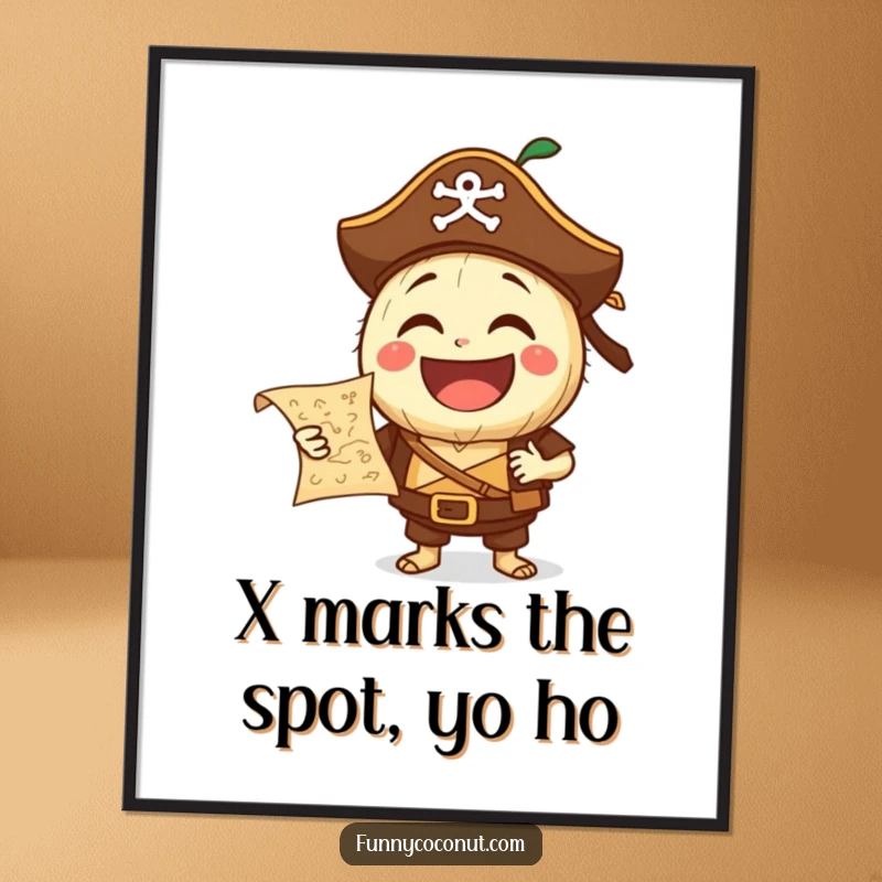 Funny free printable wall art of a laughing coconut dressed as a pirate, holding a tiny treasure map with glee.