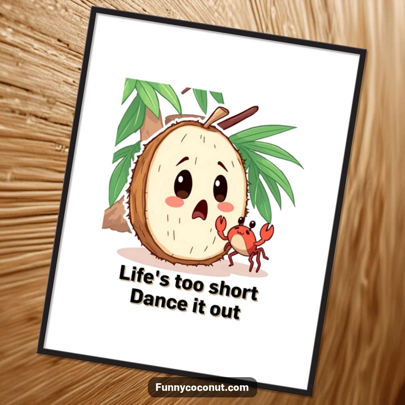 Funny Free Printable Wall Art: A surprised coconut character watches in disbelief as a tiny crab dances energetically nearby.