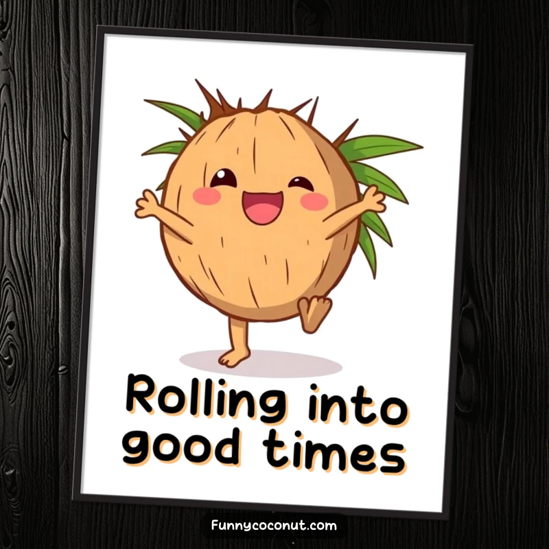 Funny Free Printable Wall Art: Delighted coconut character doing a cartwheel, tropical vibe, energetic decor, printable.