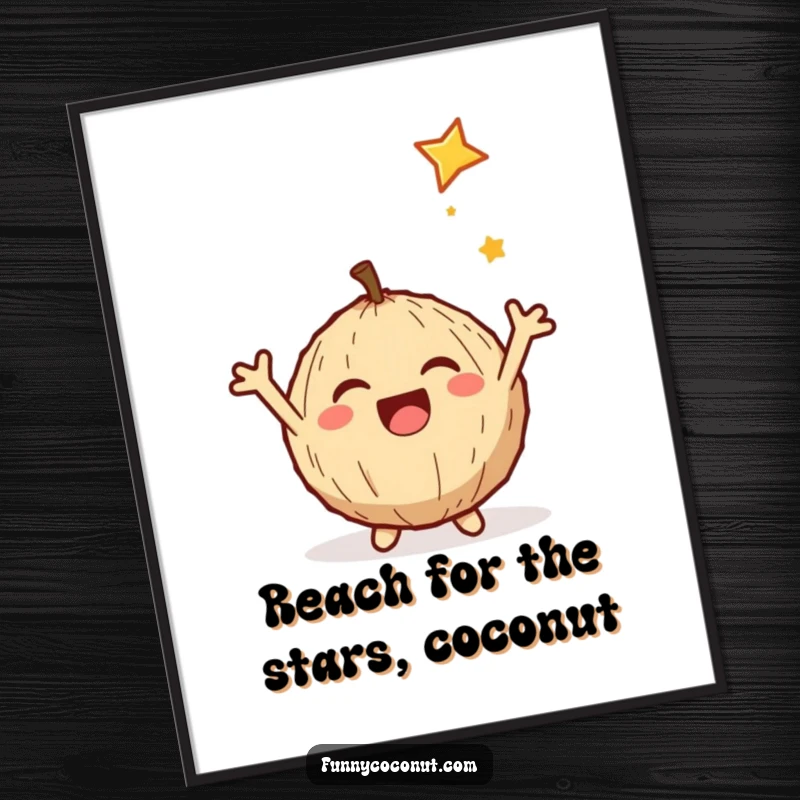 Funny Free Printable Wall Art: A joyful coconut joyfully catches a shooting star, inspiring wonder and laughter.
