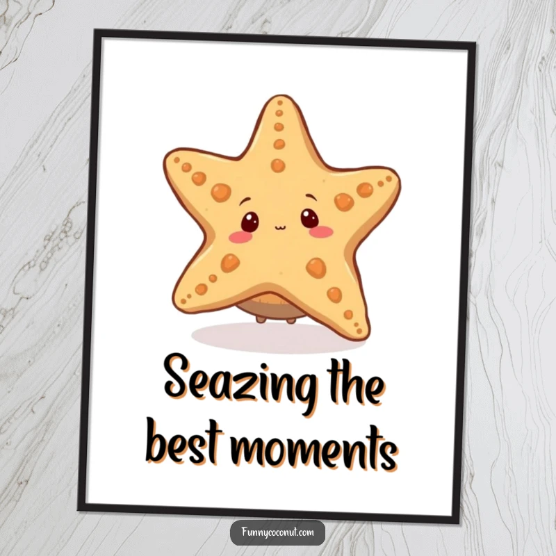 Funny Free Printable Wall Art: A coconut character playfully peeking from behind a giant, smiling starfish creature.