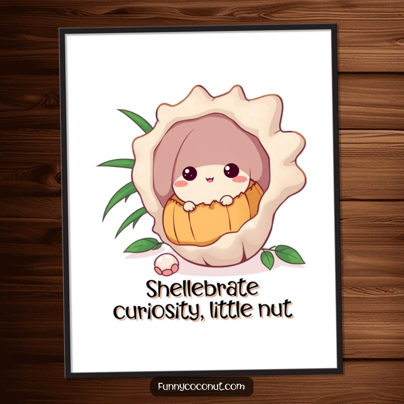 Funny Free Printable Wall Art: An inquisitive coconut peeks out from behind a large decorative seashell, adding intrigue.