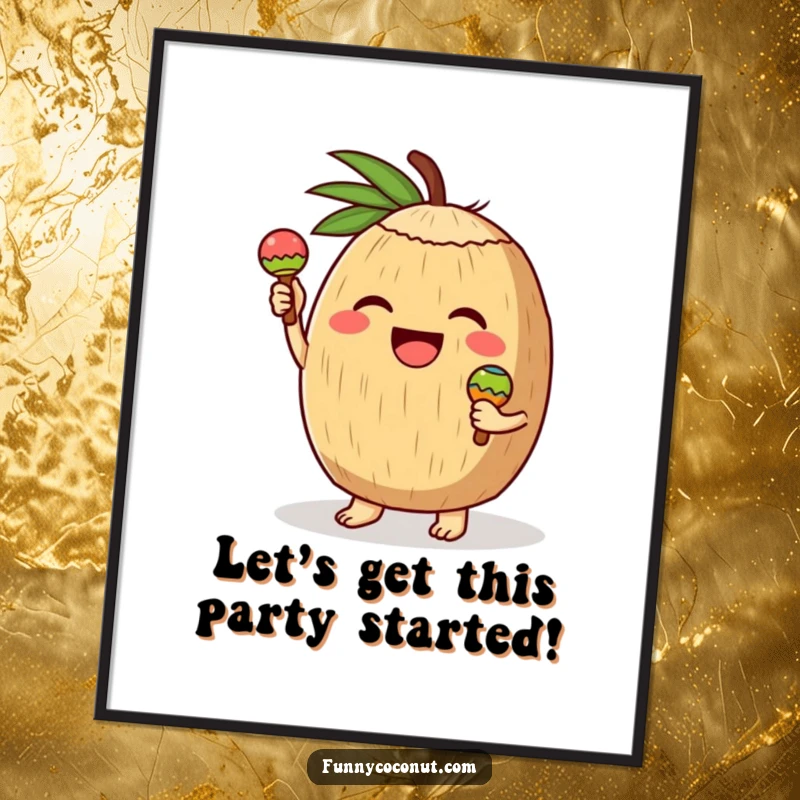 Funny Free Printable Wall Art of a coconut character joyfully shaking tiny maracas, creating a visually energetic and festive atmosphere.
