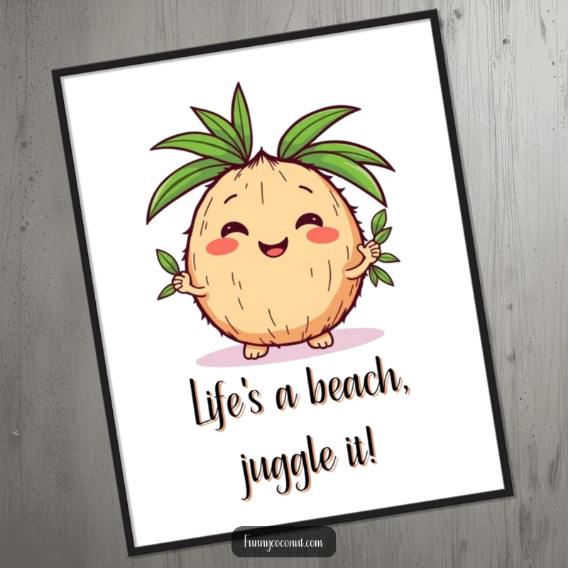Funny Free Printable Wall Art: Whimsical kawaii coconut joyfully juggling green palm leaves, creating a fun, tropical, and lighthearted atmosphere.
