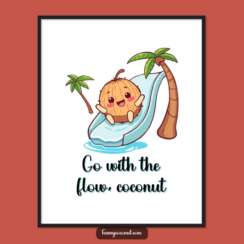 Free Printable Wall Art: Coconut Waterslide Adventure, Humorous Downloadable Decor for a Fun Vibe