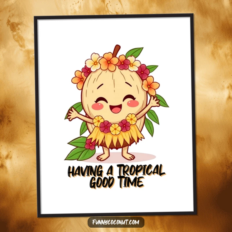 Funny Free Printable Coconut Wall Art: Happy coconut hula dancing joyfully with a lei, bringing tropical cheer.