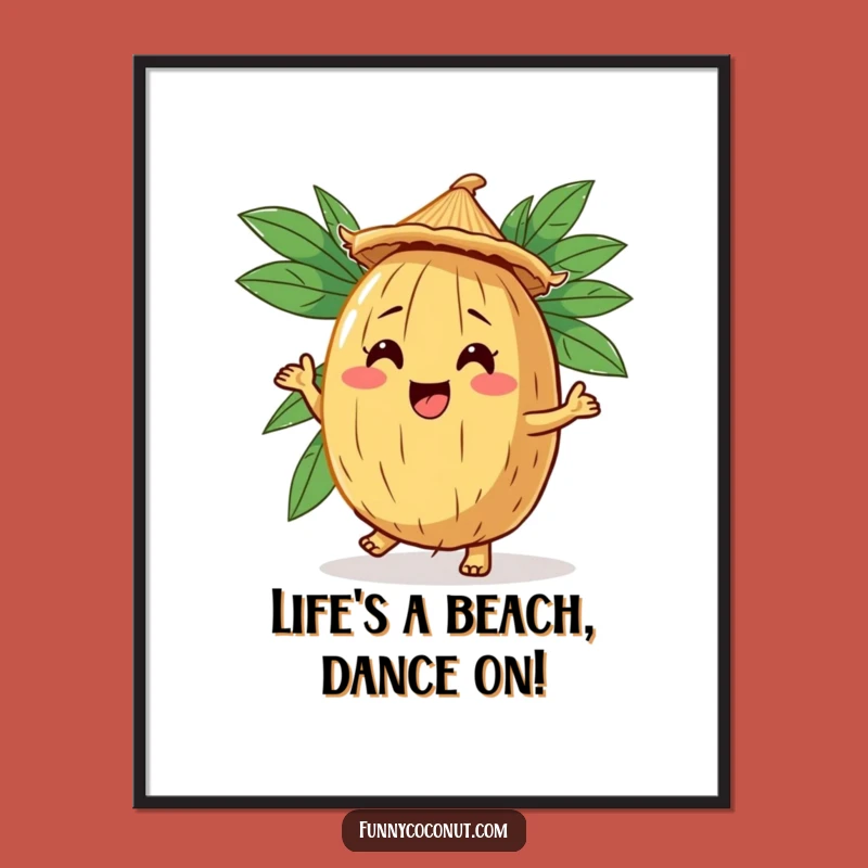 Free Printable Funny Coconut Wall Art: Dancing Straw Hat Tropical Decor, Downloadable Art for Home