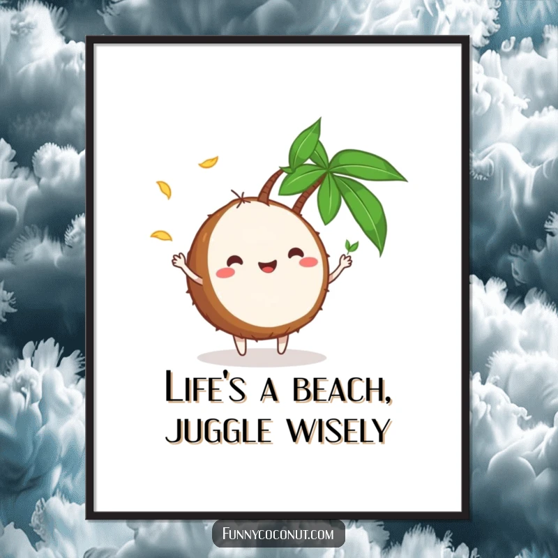 Funny Free Printable Wall Art: A cheerful coconut character masterfully juggling miniature palm leaves in a tropical setting.