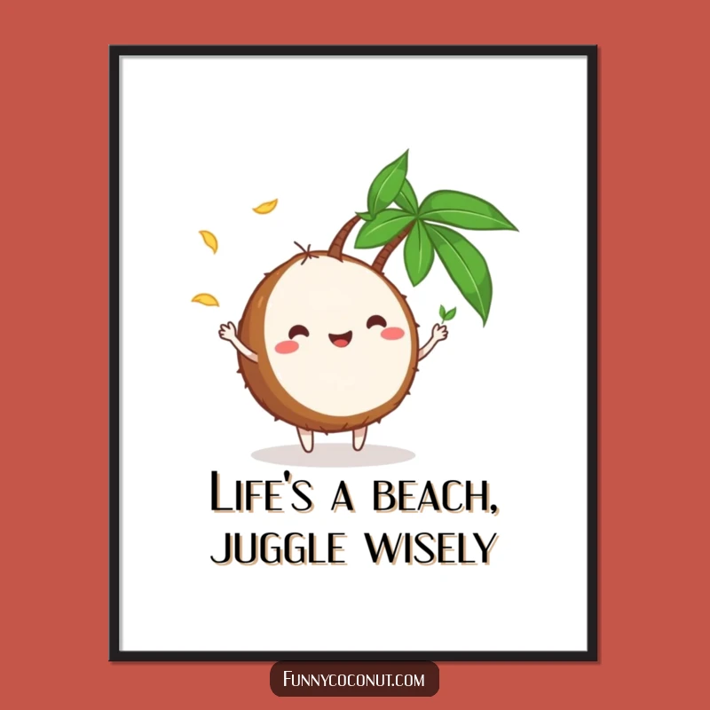 Free Printable Wall Art: Playful Coconut Juggling Tropical Leaves, Humorous Downloadable Decor for Any Room