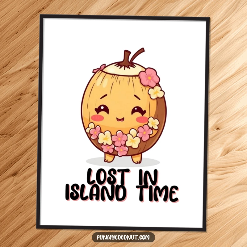 Funny Free Printable Wall Art: A bewildered coconut wearing a tiny lei, adding a touch of quirky tropical humor to the space.
