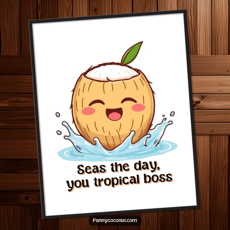 Funny Free Printable wall art depicting a winking coconut character joyfully splashing water, adding a humorous and tropical element to any room.